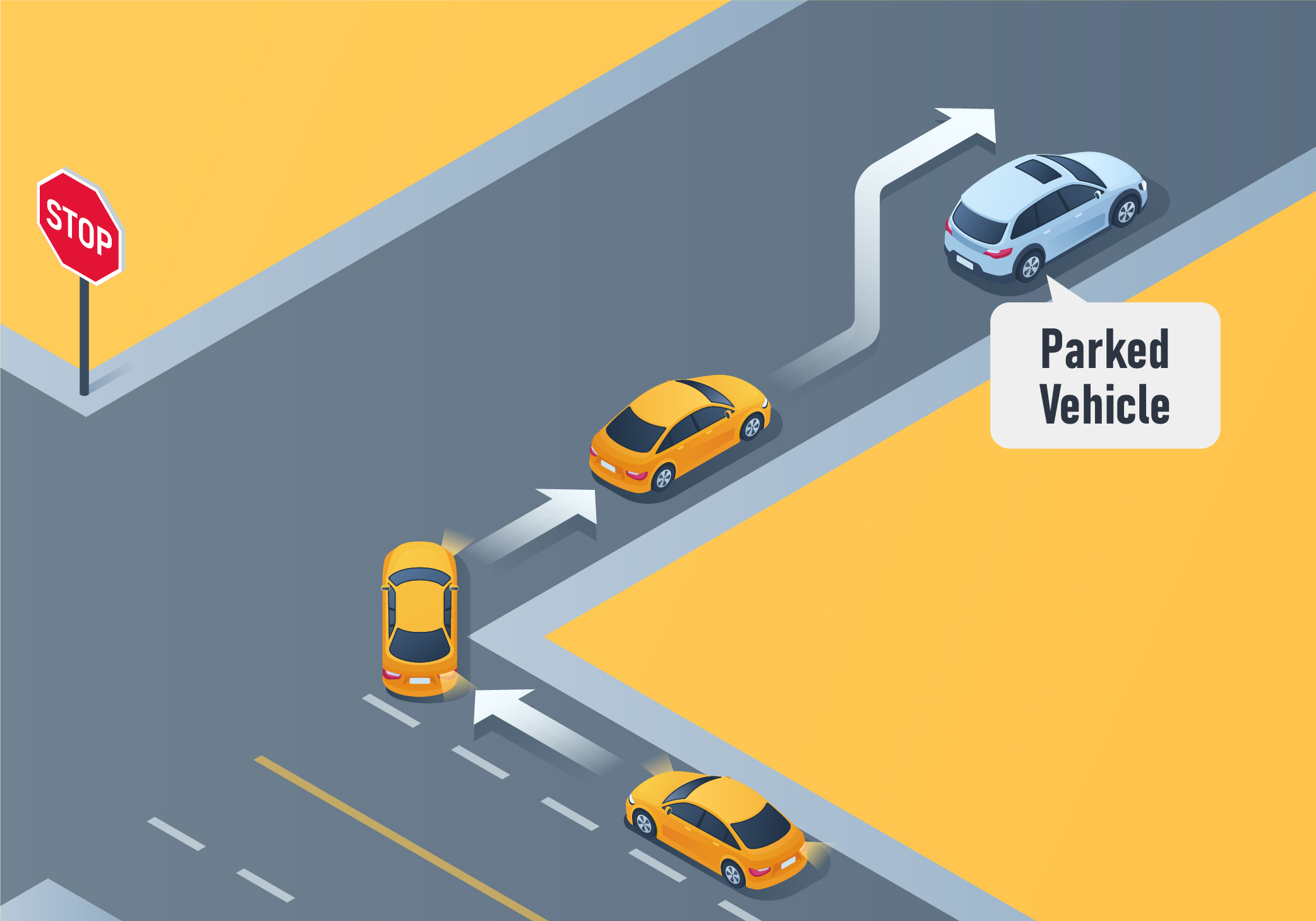 Intersections and Turns - How should you make a turn if there is a parked vehicle or obstruction present in the lane you are about to move into?