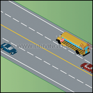 Test 2 - At what point are you allowed to continue to drive passed a school bus whose flashing lights and warning device are activated and you are driving toward the school bus from the front?