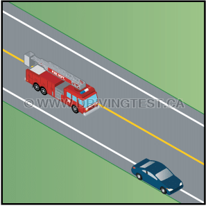 Test 2 - If you are on a two-way road and see a fire department vehicle with its siren on behind you, what should you do?