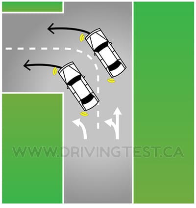 Test 1 - In a roadway where two lanes are turning left and you need to turn left, what should you do?