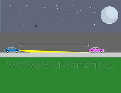 Driving Test Canada Test 2 - Within what distance of another vehicle should you dim your headlights when you are following them?