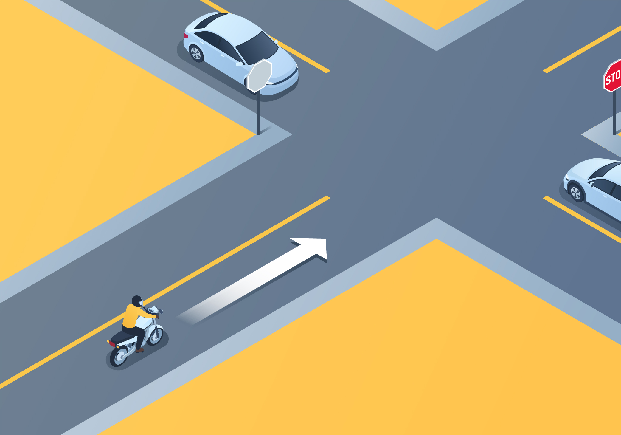 What should the motorcycle rider do if traffic is about to enter from either side of the intersection? - What should the motorcycle rider do if traffic is about to enter from either side of the intersection?